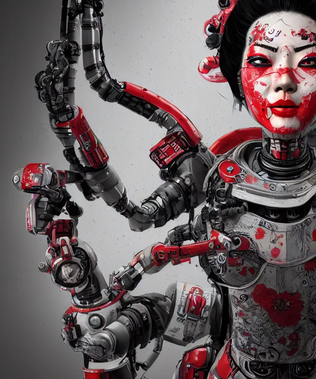 Image similar to an epic fantastic realism comic book style portrait painting of a japanese robotic geisha with kanji tattoos and decals, apex legends, octane render, intricate detail, 4 k hd, unreal engine 5