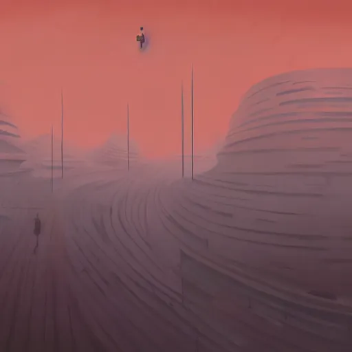 Image similar to a dystopian matte painting of in a dream, are all the characters really you? by emiliano ponzi, james gilleard, george ault, david hockney, atey ghailan, albert namatjira, marius borgeaud, minimalist, bauhaus, retrofuturism, concept art, matte background, matte drawing, generative art