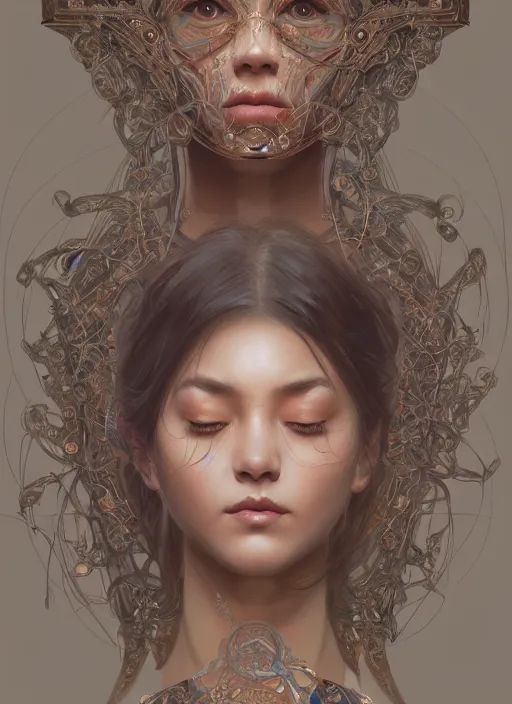 Image similar to symmetry!! asian, machine parts embedded into face, intricate, elegant, highly detailed, digital painting, artstation, concept art, smooth, sharp focus, illustration, art by artgerm and greg rutkowski and alphonse mucha, 8 k