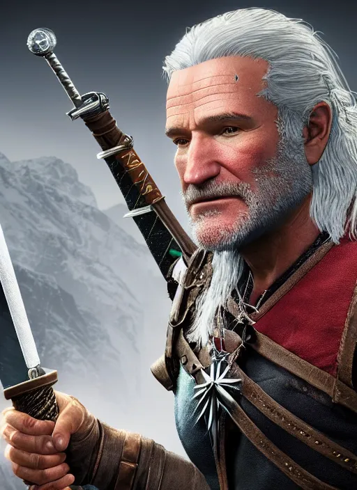 Prompt: Robin Williams in The Witcher 3, gameplay, 8k, HD