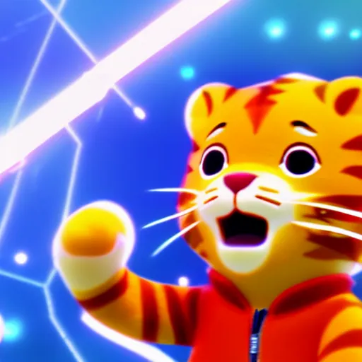 Image similar to render as a very grizzled 3d anime Daniel Tiger, full round round round round round round round face, short smile, cinematic lightning, medium shot, mid-shot, highly detailed, trending on Artstation, Unreal Engine 4k, cinematic wallpaper