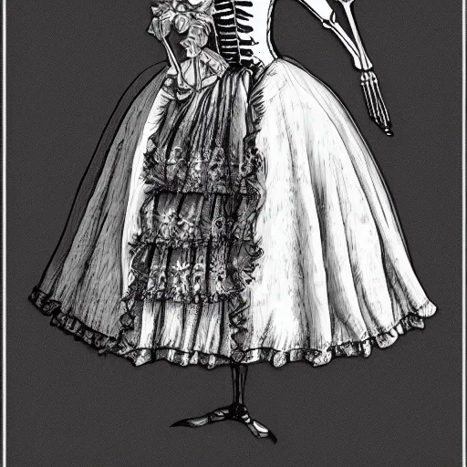 Image similar to Skeleton in a dress in style of the Victorian era