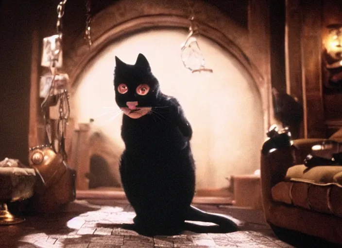 Image similar to film still of Danny Devito as Mr Mistoffelees in Cats, 4k