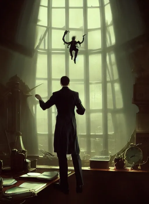 Prompt: A demon in office attire, looks at a shrunk human in a jar, in his cubicle, sunrays, dust in the air, DnD character, unreal engine, octane render, dramatic lighting, pond, digital art, by Stanley Artgerm Lau, greg rutkowski, thomas kindkade, alphonse mucha, loish, norman Rockwell,