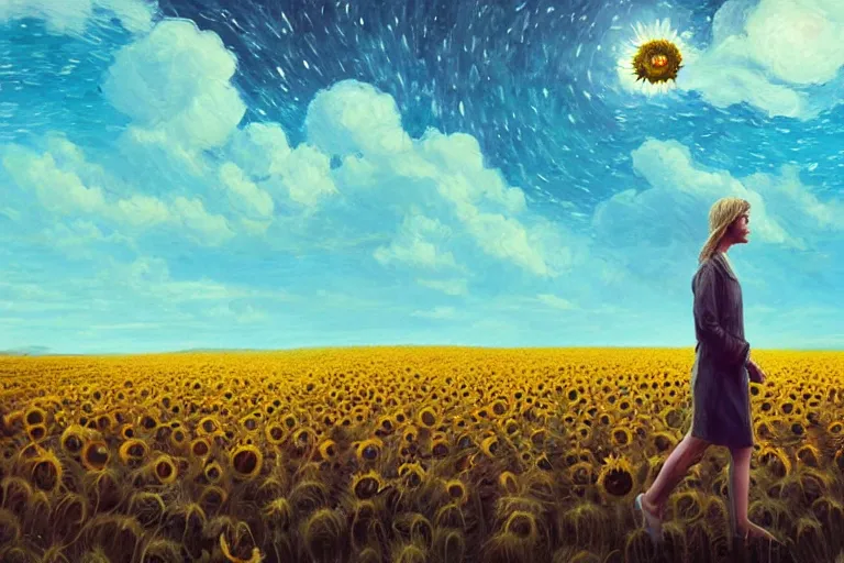 Image similar to giant sunflower as a head, girl walking in wheat field, hills, surreal photography, dark night, star trails, dramatic light, impressionist painting, clouds, digital painting, artstation, simon stalenhag