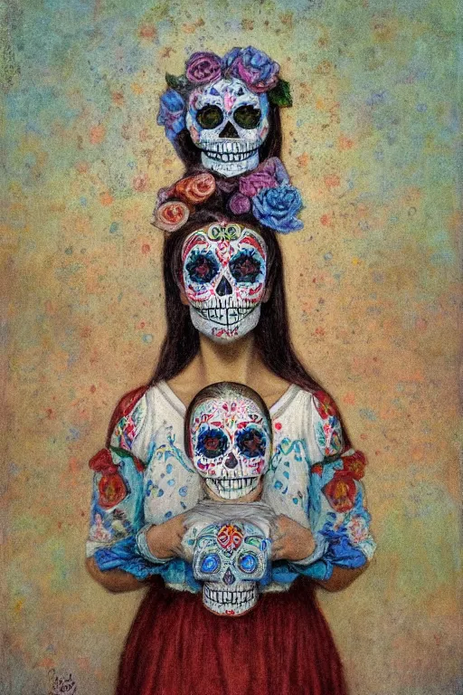 Image similar to Illustration of a sugar skull day of the dead girl, art by L Birge Harrison