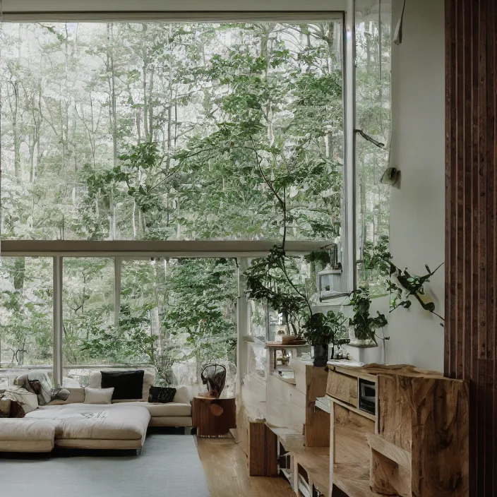 Image similar to modern home interior overtaken by nature, color photograph, canon eos c 3 0 0, ƒ 1. 8, 3 5 mm, 8 k, medium - format print