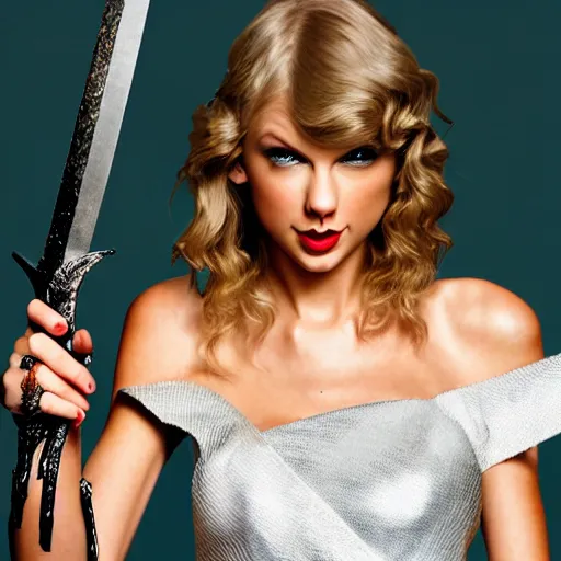 Prompt: taylor swift posing holding an elven sword, high quality studio photograph