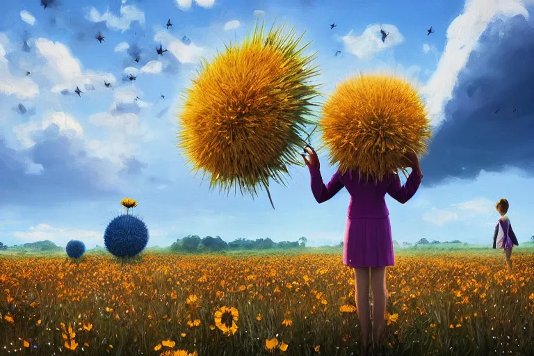 Prompt: giant thistle flower as head, girl in suit in field of flowers, surreal photography, sunrise, blue sky, dramatic light, impressionist painting, digital painting, artstation, simon stalenhag