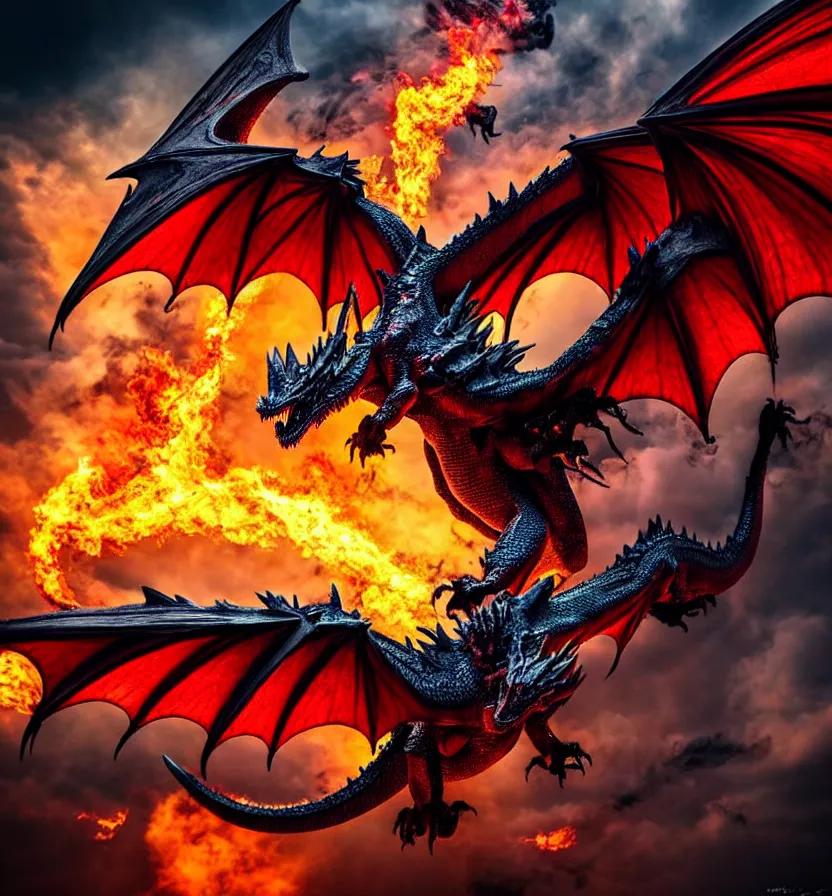 Image similar to a flying dragon with huge wings, scales, smoke, flames by monster hunter rise 8 k 3 d photoreal rich detail photography