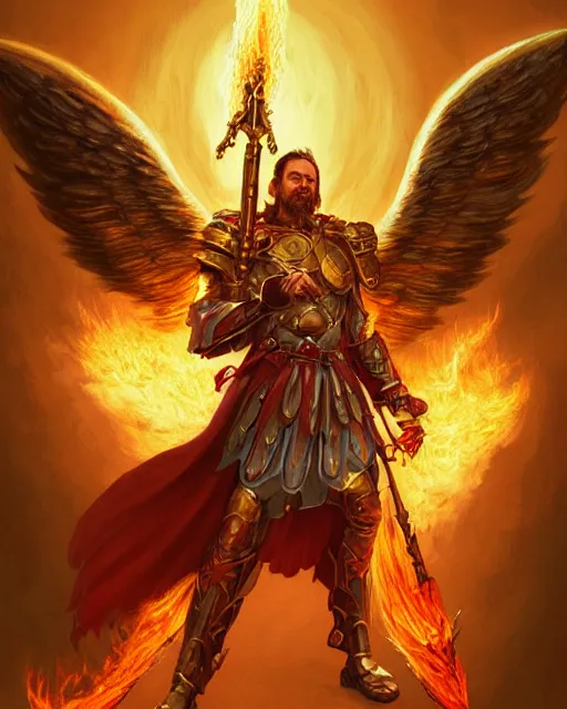 Prompt: character portrait of a brawny male warrior angel of justice, with fiery golden wings of flame, wearing shining armor, wielding a flaming sword and tower shield, by peter mohrbacher, mark brooks, jim burns, wadim kashin, greg rutkowski, larry elmore, trending on artstation