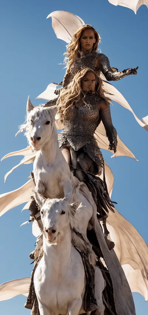 Image similar to Jennifer Lopez as Daenerys Targaryen riding a dragon, XF IQ4, 150MP, 50mm, F1.4, ISO 200, 1/160s, natural light