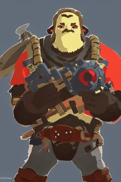 Image similar to an in game portrait of tf 2 heavy from the legend of zelda breath of the wild, breath of the wild art style.