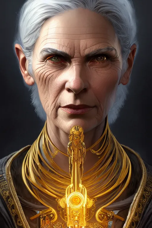 Image similar to portrait of a middle aged grey haired woman in the style of god of war, golden machine parts, intricate, elegant, highly detailed, digital painting, artstation, concept art, smooth, sharp focus, illustration, art by artgerm and greg rutkowski and alphonse mucha, 8 k