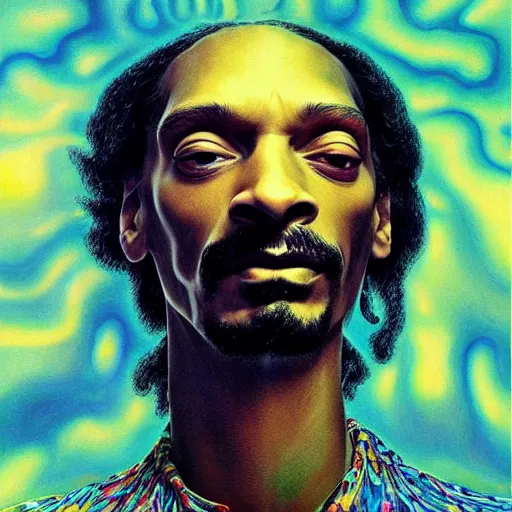 Image similar to colour masterpiece surreal closeup portrait photography of snoop dogg by miho hirano and annie leibovitz and michael cheval, psychedelic smoke background by kilian eng and roger dean and salvador dali and beksinski, 8 k