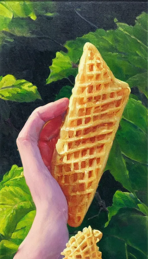 Image similar to still-life painting of hand holding a waffle cone (containing scoops of gelato) by Krøyer, lush garden in the background, golden hour, dramatic lighting, volumetric lighting, intricate detail, canvas print