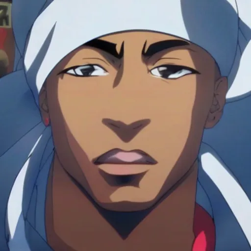 Image similar to Tupac Shakur, screenshot from a 2012s anime, anime