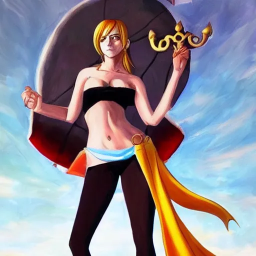 Image similar to beautiful emma watson cosplay as nami from one piece, oil painting, full body.