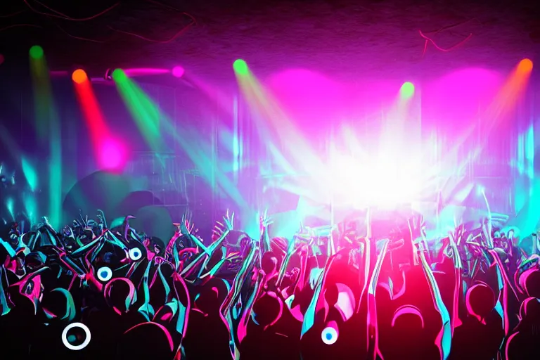 Image similar to dj on stage spinning records with headphones looking over crowd partying with their hands up at a club, some hands are making heart shapes, volumetric lighting, haze, moving heads light beams, spot lights, disco ball, silhouette, digital art, trending on artstation, 4k, unreal engine, intricate, ornate