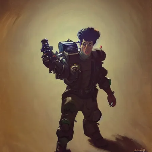 Image similar to greg manchess portrait painting of armored ghostbuster egon spengler as overwatch character, medium shot, asymmetrical, profile picture, organic painting, sunny day, matte painting, bold shapes, hard edges, street art, trending on artstation, by huang guangjian and gil elvgren and sachin teng