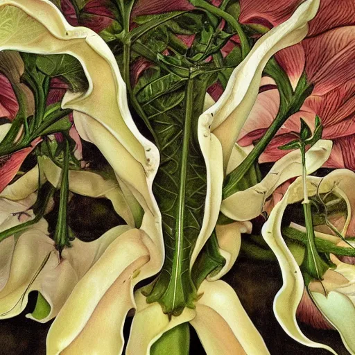 Image similar to close relationship between datura stramonium and men, mythical full of symbolism picture, hyper detailed, hyper realistic, warm colours, symbiosis