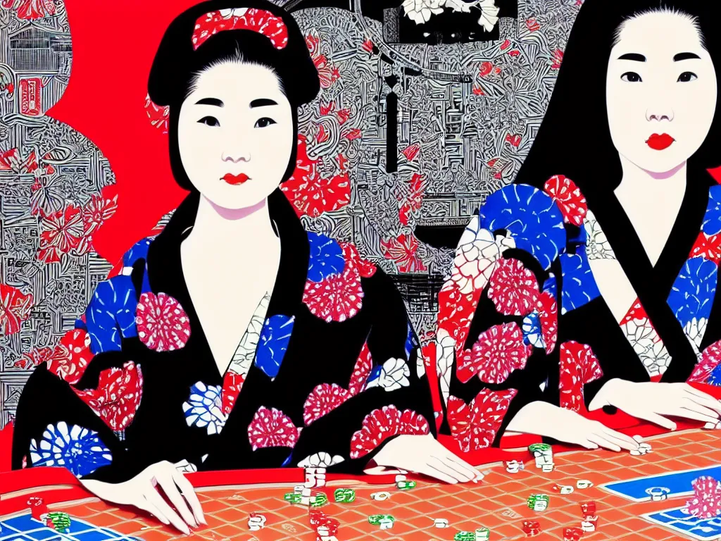 Image similar to hyperrealistic composition of the detailed woman in a japanese kimono sitting at a extremely detailed poker table with detailed darth vader, fireworks, mount fuji on the background, pop - art style, jacky tsai style, andy warhol style, acrylic on canvas