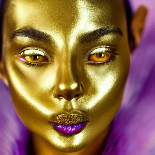 Prompt: close up portrait of a mysterious humanoid, gold leaves, violet silk threads, venetian masks, mouth gags, fashion magazine, portrait photography, annie leibovitz, david lazar, 1 0 5 mm, in autumn, 8 k hd, detailed