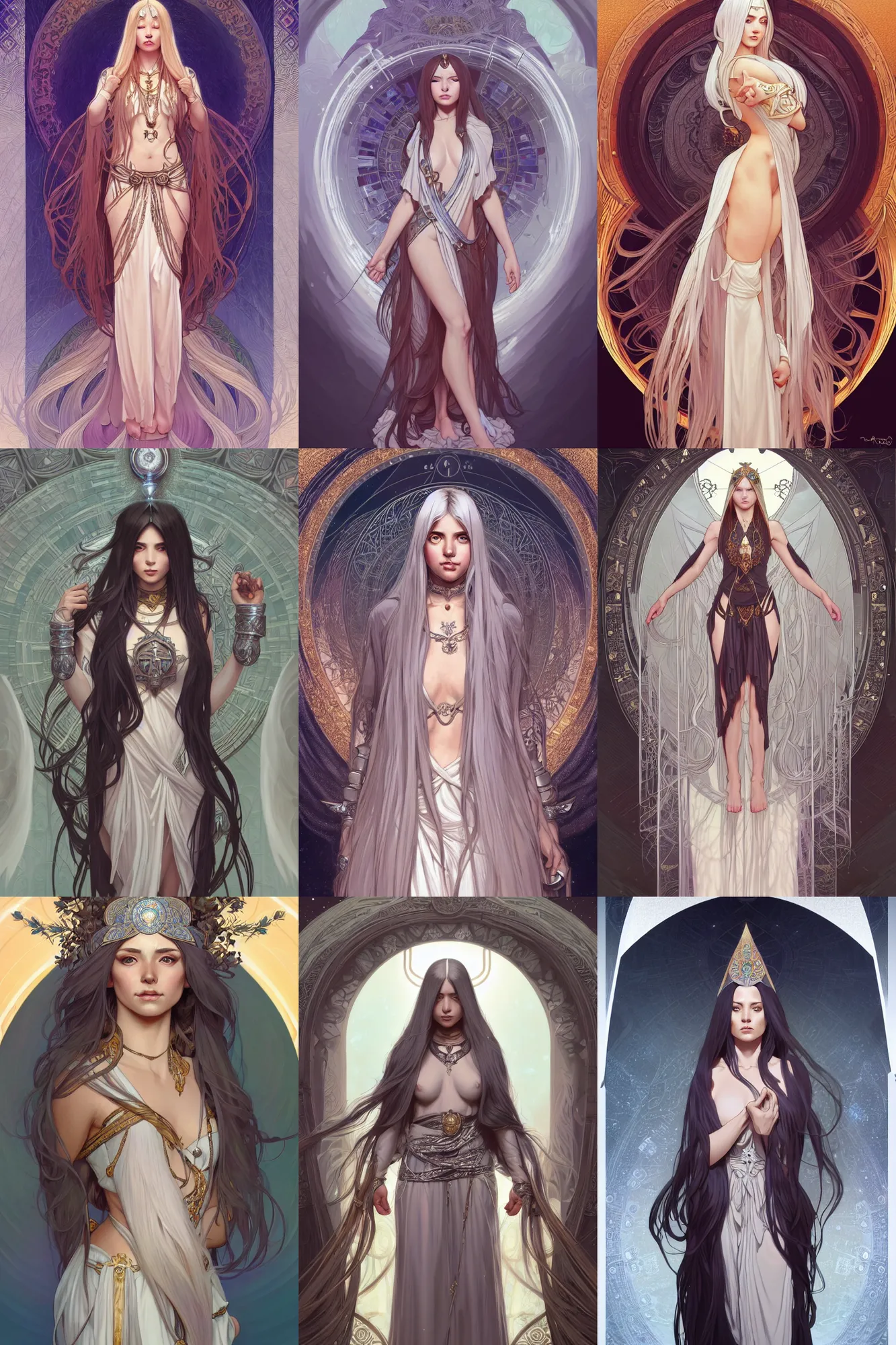 Prompt: A full body portrait of a female priestess with long silver hair, highly detailed, digital painting, artstation, concept art, smooth, sharp focus, illustration, art by artgerm and alphonse mucha, high definition digital art, in the style of Ross tran and ilya kuvshinov