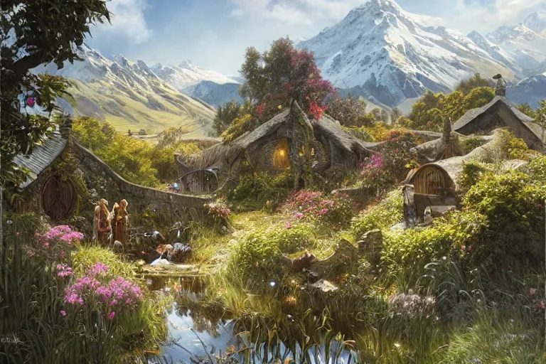 Image similar to a lord of the rings village in large new zealand landscape, shiny colors, high - key lighting, beautiful composition, intricate, elegant, pro photography by, highly detailed, art by artgerm and greg rutkowski and alphonse mucha