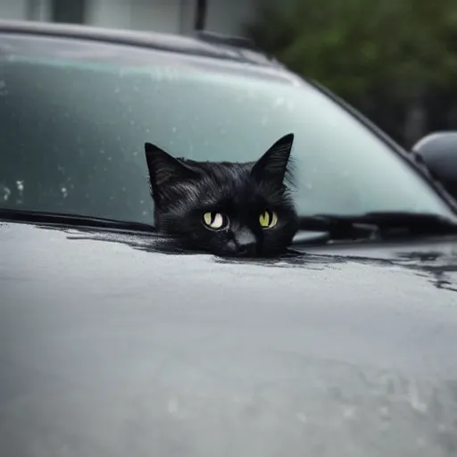 Prompt: A sad black cat driving his car to work, award-winning photograph, highly detailed, gloomy, washed out colors, the car is a Toyota prius, depressive