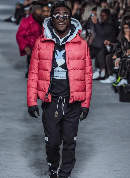 Prompt: hyperrealistic and heavy detailed moncler runway show of lil uzi vert, leica sl 2 5 0 mm, vivid color, high quality, high textured, real life