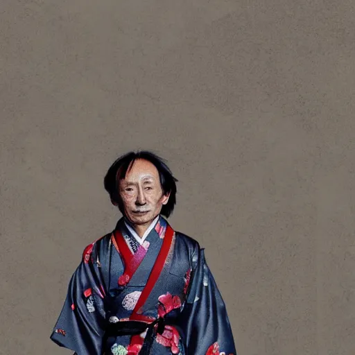 Prompt: Japanese Michel Houellebecq wearing kimono, realistic, photo studio, HDR, 8k, trending on artstation