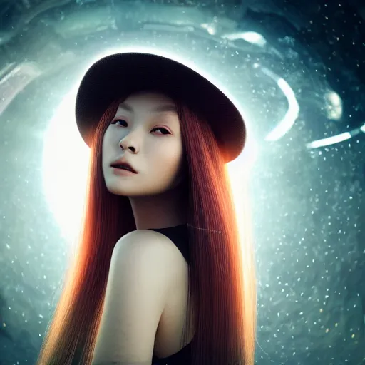 Image similar to a portrait of a beautiful woman exploring a space ship by zhang jingna, long hair, aged 2 5, swedish, wearing a travel hat, photo realistic, real life, photograph, 3 5 mm, octane render, trending on artstation