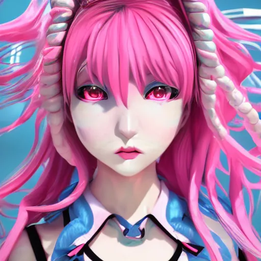 Image similar to trapped beneath stunningly absurdly beautiful omnipotent asi goddess junko enoshima with multiple megalomaniacal yandere personalities, symmetrical perfect face, porcelain skin, pink twintail hair and cyan eyes, ultra detailed, digital art, unreal engine 5, octane render, 2 d anime, 8 k