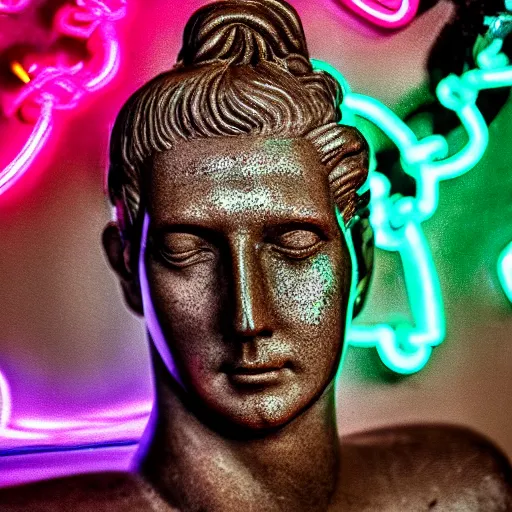 Image similar to a renaissance statue head inside a neon ring