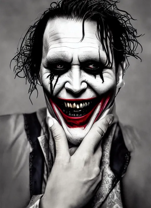 Prompt: photo of Johnny Depp as the Joker by Lee Jeffries , big smile, head shot, detailed, award winning, Sony a7R, trending on artstation