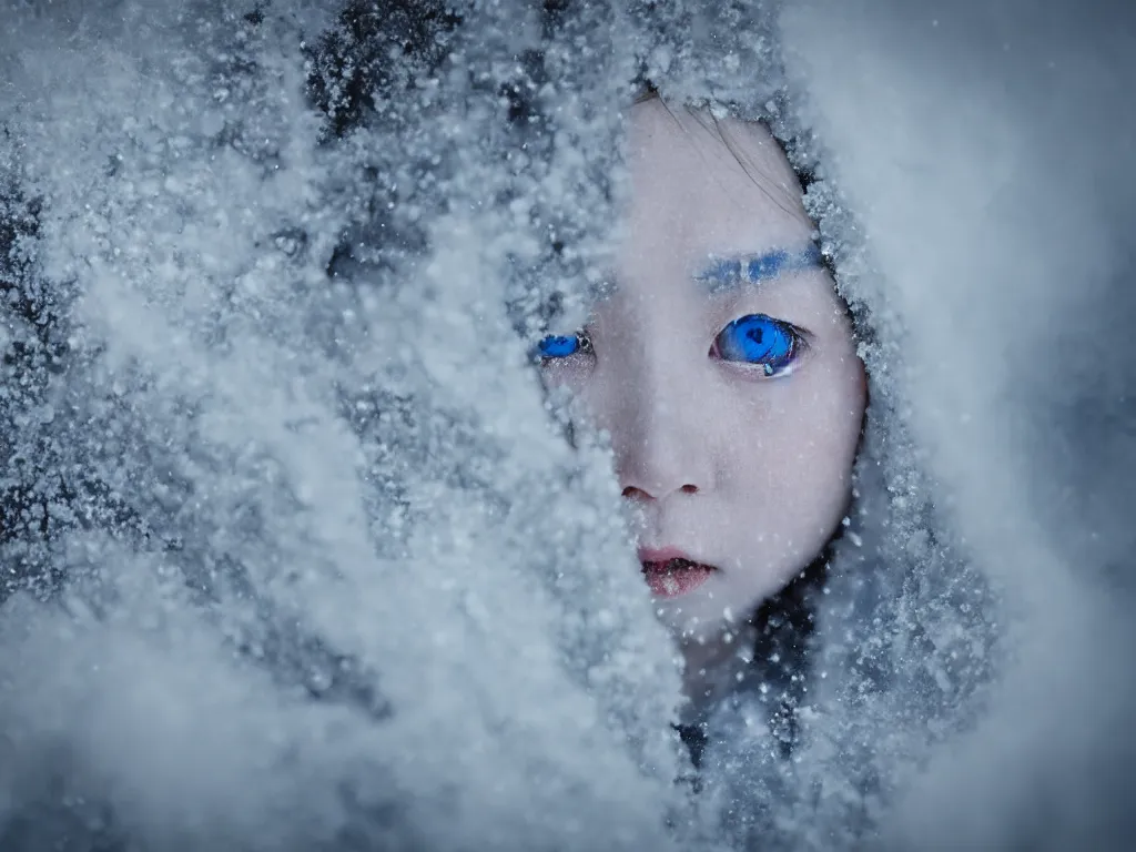 Image similar to the piercing blue eyed stare of yuki onna, freezing blue skin, blizzard in the mountains, bokeh, asymmetric, rule of thirds