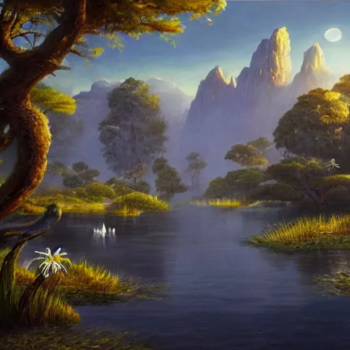 Prompt: large landscapes from another world, beautiful painting, very detailed fauna and flora, enhance lighting, the atmosphere is looking weird