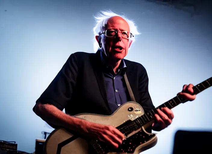 Image similar to publicity photo still of bernie sanders in a punk band playing live on stage, 8 k, live concert lighting, mid shot