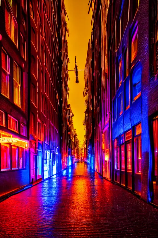 Image similar to neon streets of amsterdam, 4 k, award winning photo, cyberpunk style