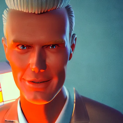 Image similar to a hyperrealistic 3 d render of max headroom on a vintage tv, octane render, unreal engine, 8 k, photorealistic, trending on artstation, ultra detailed, volumetric lighting, dramatic lighting, lasers, neon