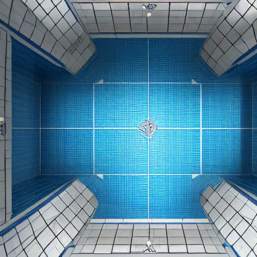 Image similar to a very large empty pool, liminal space, white and blue ceramic tile ceiling, symmetrical centered view, octane render, sharp focus, very coherent