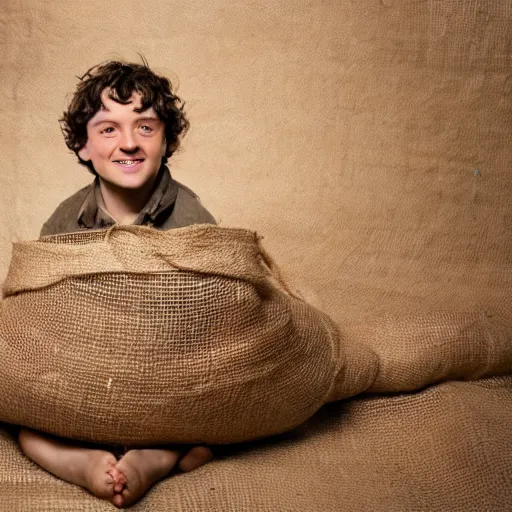 Prompt: frodo from lord of the rings in a burlap sack of potatoes, photography, realistic, mid shot, in his hobbit home