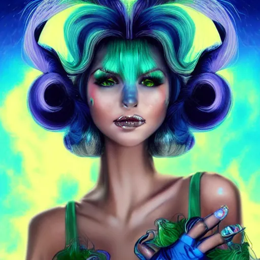 Image similar to Glam hair, 80s hair, Elf girl with blue skin, alien skin, blue elf, blue, blue-skinned elf, green hair, hairspray, big hair, wild hair, glam make-up, 80s, illustration, fantasy art, trending on ArtStation, 1980s fantasy art