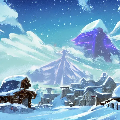 Image similar to snowy Landscape and a village in the background in the style of zelda breath of the wild