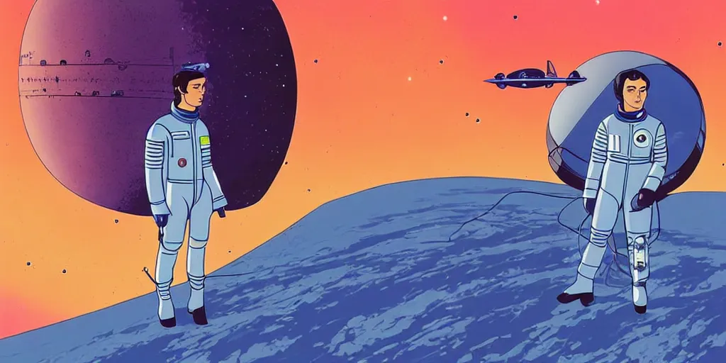Image similar to a portrait of lonely single Alain Delon alone pilot in spacesuit on field forrest symmetrical spaceship station landing laying lake artillery outer worlds in FANTASTIC PLANET La planète sauvage animation by René Laloux