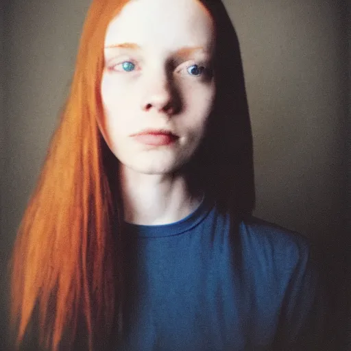 Image similar to photograph, closeup polaroid photo of a young pale woman with shoulder length ginger hair in a dark room, blue eyes, no makeup, wearing a black tshirt, flash photography, indoor setting, high contrast, sharp, trending on tumblr,