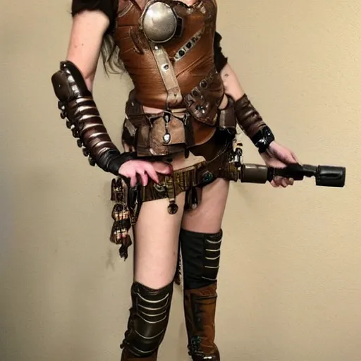 Image similar to full body photo of a skinny female steampunk amazon warrior