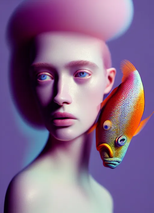 Image similar to Kodak Portra 400, 8K, soft light, volumetric lighting, highly detailed, fine art portrait photography in style of Tim Walker , beautiful face morphing with soft pastel colors tropical fishes, metamorphosis complex 3d render , 150 mm lens, soft blur background, bust with intricate details, elegant, hyper realistic, ultra detailed, octane render, etheric, outworldly colours, emotionally evoking, head in focus, fantasy, ornamental, intricate, elegant, 8K, soft light, volumetric underwater lighting, highly detailed, Refined, Highly Detailed, soft lighting colors scheme, fine art photography, Hyper realistic, photo realistic