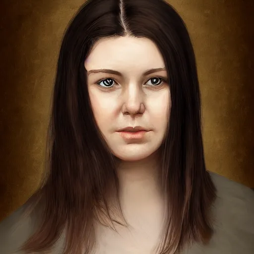 Image similar to portrait, 3 0 years old woman : : dark straight hair : : slightly overweight : : brown medieval cloting, natural materials : : high detail, digital art, illustration, oil painting, realistic